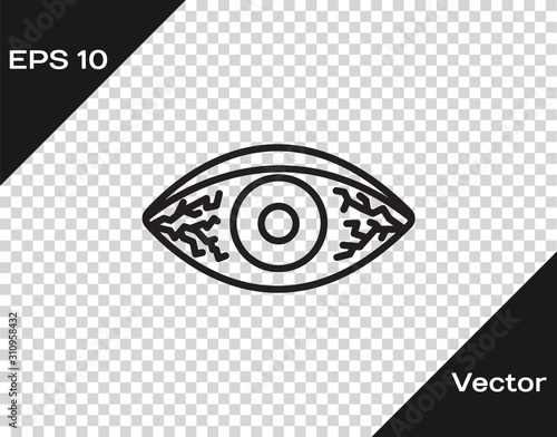 Black line Reddish eye due to viral, bacterial or allergic conjunctivitis icon isolated on transparent background. Vector Illustration