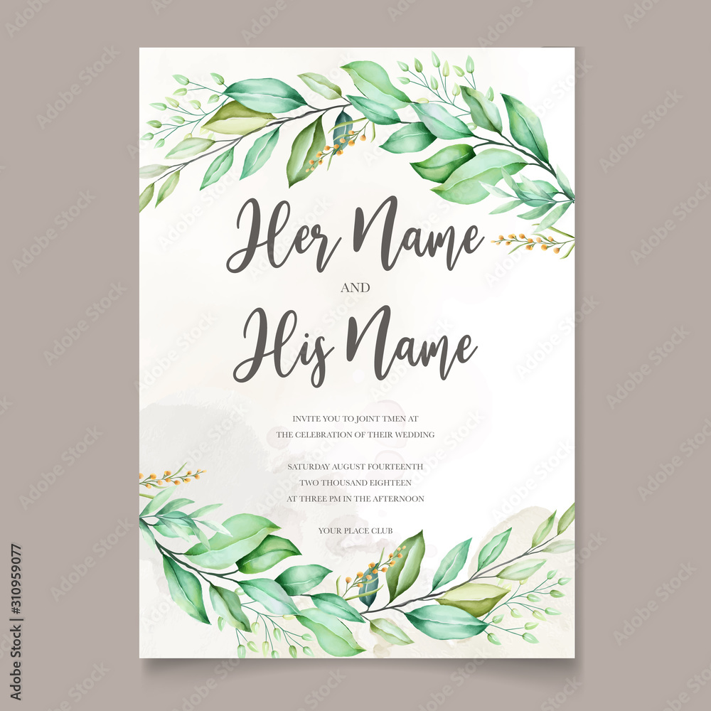 watercolor wedding invitation card in green leaves