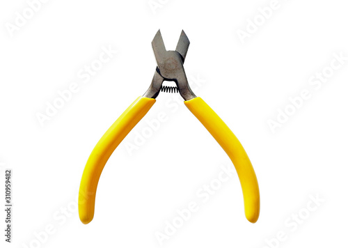 yellow pliers isolated on a white background, old pliers with rust and dirty stain, isolated mechanical tool, old pliers tool with yellow grips on white background