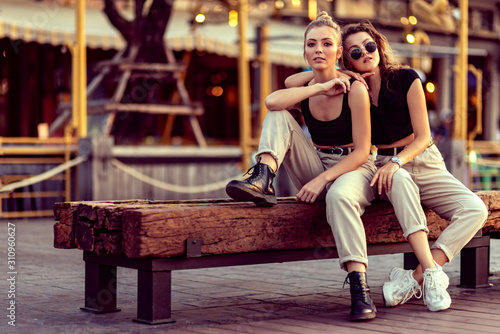 Full-length portrait of young female couple dressed alike. Two girls looking at camera while sitting on the bench in the park. Lesbian lives, travel concept. Love is love. Horizontal shot.