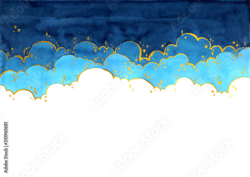 Abstract watercolor hand painting illustration in cloud and star concept. Bright blue wavy background. High resolution. Design for card, cover, print, web.