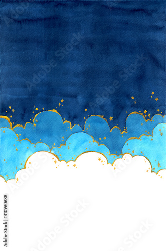 Abstract watercolor hand painting illustration in cloud and star concept. Bright blue wavy background. High resolution. Design for card, cover, print, web.