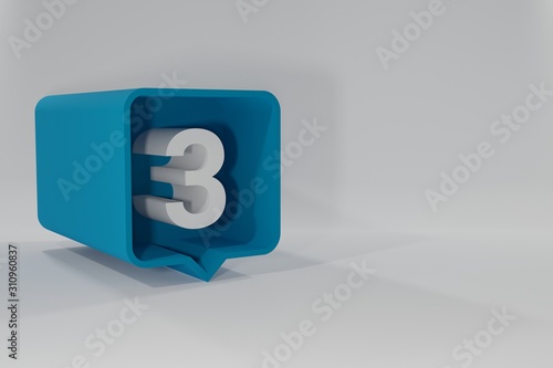 3 number balloon icon. Speech balloon 3d. Number Three. 3D illustration. 3D buttons with numbers. Three-dimensional Speech Bubble. Number Three. Communication concept. 3D render