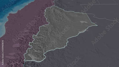 Neuquén, province with its capital, zoomed and extruded on the administrative map of Argentina in the conformal Stereographic projection. Animation 3D photo