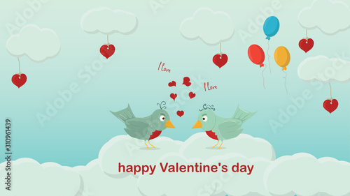happy Valentines day two birds stand in front of each other a Declaration of love on the clouds a festive background for a flat style design