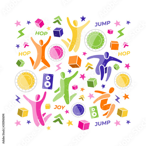 Set of elements: jumping people, top view trampoline, sound speaker, foam rubber 3d cubes, lightning, chevron stripe. Trampoline, amusement park concept. Bounce party decoration. Flat vector EPS 10