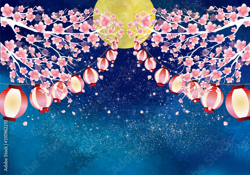 夜桜：桜　花見　桜まつり　お花見　4月　春　早春　桜吹雪　フレーム　満開