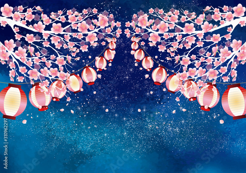 夜桜：桜　花見　桜まつり　お花見　4月　春　早春　桜吹雪　フレーム　満開