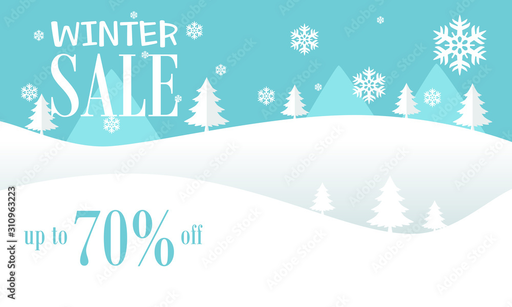 a vector illustration of winter sale banner with snow, mountain and tree