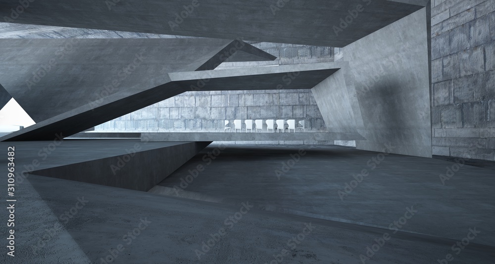 Fototapeta premium Abstract architectural concrete interior of a minimalist house with swimming pool. 3D illustration and rendering.