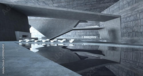 Abstract architectural concrete interior of a minimalist house with swimming pool. 3D illustration and rendering.
