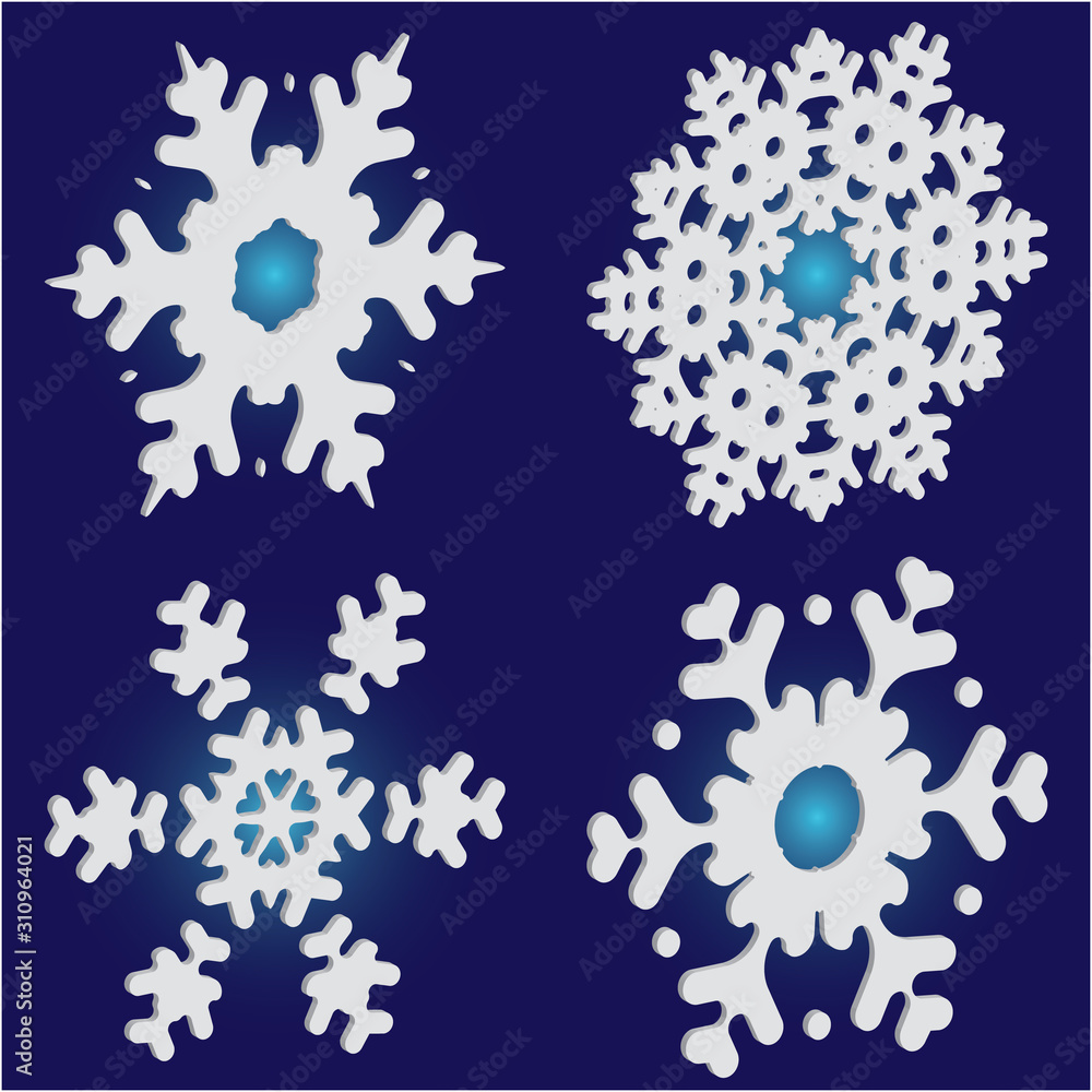 Kit of isolated silhouettes of snowflakes on blue background. Kit of isolated silhouettes of snowflakes on blue background.