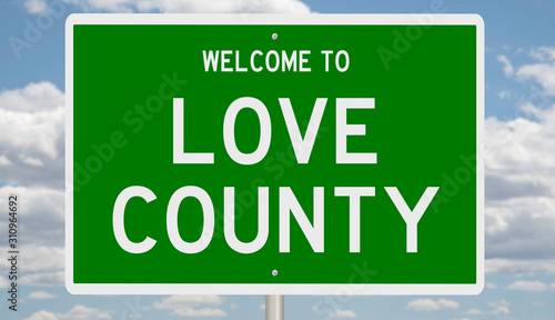 Rendering of a green 3d highway sign for Love County