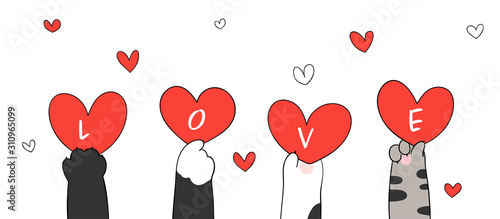 Draw cat paws holding red heart and word love for Valentine.