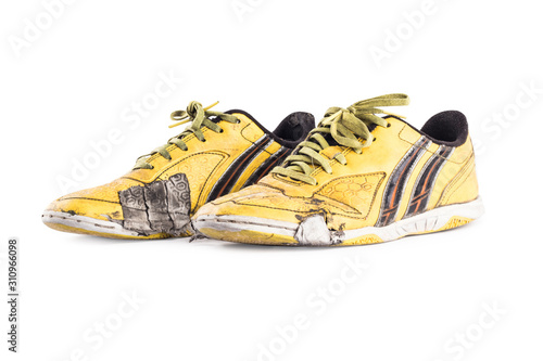  old heels shoelace futsal shoes on white background soccer sportware object isolated