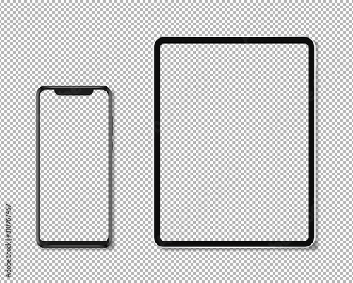 Realistic smartphone and tablet with transparent screen. Tablet and smartphone mockup isolated on transparent background. Vector illustration.