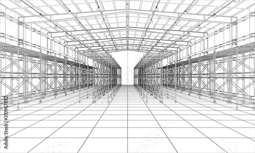 Drawing or sketch of warehouse with shelves