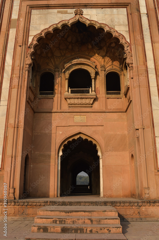 Architecture with marble,sandstone of safadarjung tomb memorial at foggy winter morning.