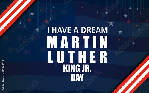 Typography design with words on the text MLK in American Flag colors on an isolated black background