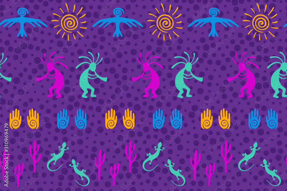 Aborigine, design with trickster god, swirl icons on human palm, sun, eagle.