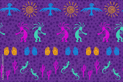 design with trickster god, swirl icons on human palm, sun, eagle.