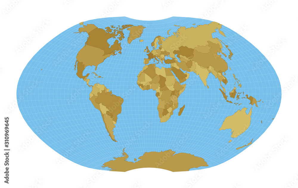 World Map. Ginzburg IV projection. Map of the world with meridians on blue background. Vector illustration.