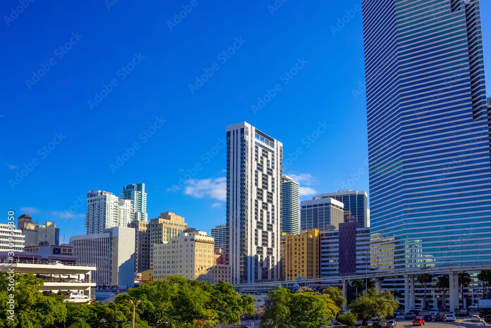 Downtown Miami cityscape view with condos and office buildings.