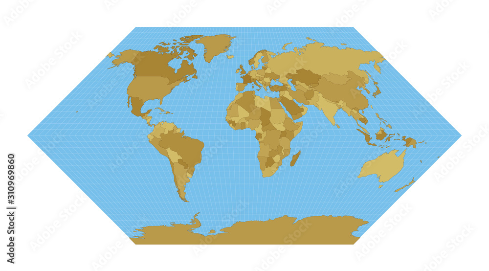 World Map. Eckert I projection. Map of the world with meridians on blue background. Vector illustration.