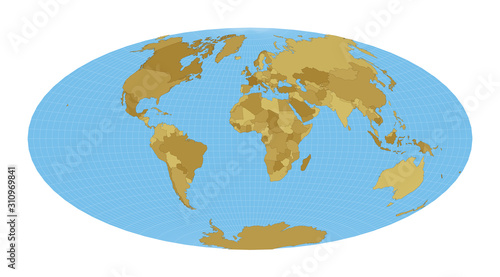 World Map. Aitoff projection. Map of the world with meridians on blue background. Vector illustration.