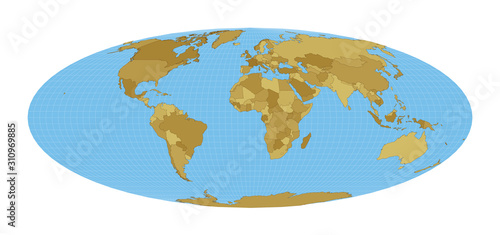World Map. Bromley projection. Map of the world with meridians on blue background. Vector illustration.