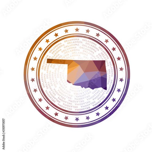 Flat low poly stamp of Oklahoma. Polygonal Oklahoma badge. Trendy vector logo of the US state.