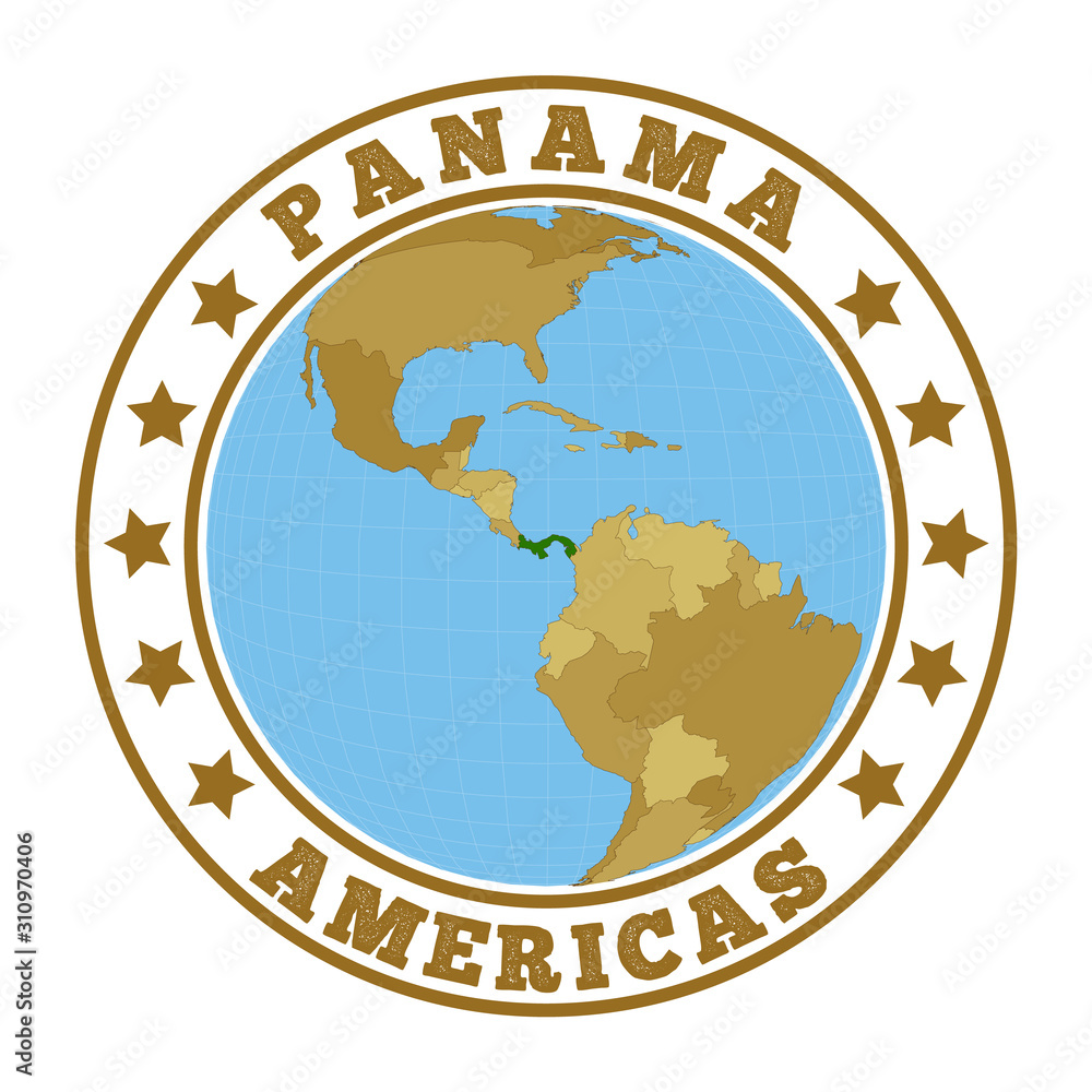 Panama logo. Round badge of country with map of Panama in world context. Country sticker stamp with globe map and round text. Vector illustration. Panama logo. Round badge of country with map of Panama in world context. Country sticker stamp with globe map and round text. Vector illustration.