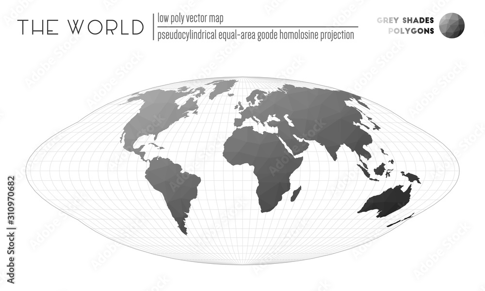 Polygonal map of the world. Pseudocylindrical equal-area Goode homolosine projection of the world. Grey shades colored polygons. Elegant vector illustration. Polygonal map of the world. Pseudocylindrical equal-area Goode homolosine projection of the world. Grey shades colored polygons. Elegant vector illustration.