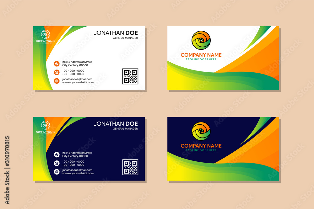 abstract business card template design backgrounds .vector editable. gradient green and orange color. identity card use white and blue background. circle logo. 