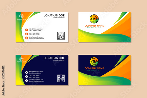 abstract business card template design backgrounds .vector editable. gradient green and orange color. identity card use white and blue background. circle logo. 
