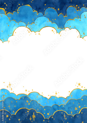 Abstract watercolor hand painting illustration in cloud and star concept. Bright blue wavy background. High resolution. Design for card, cover, print, web. © fayfena