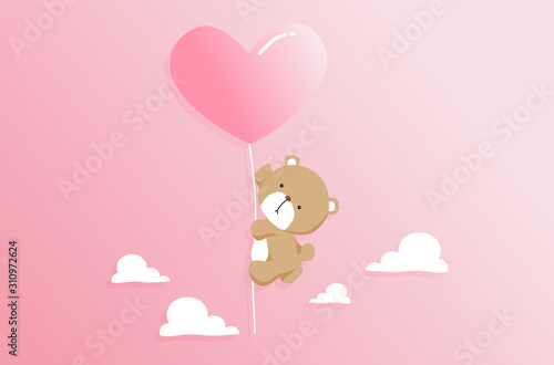 Valentines card with cute teddy bear in paper cut style. Space for your text.