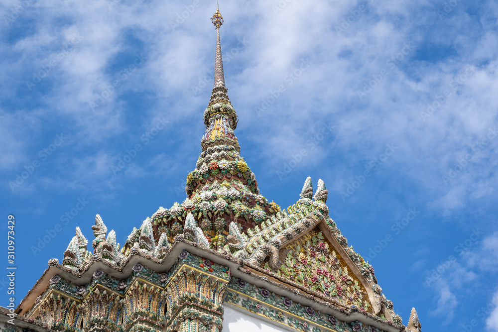 View of the top of a temple in the Grand Palace complex in Bangkok Thailand