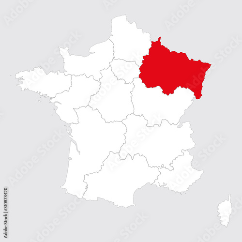 Grand Est province marked red on france map. Gray background.