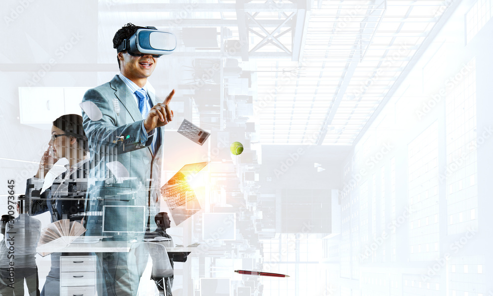 Businessman in virtual mask. Mixed media Businessman in virtual mask. Mixed media