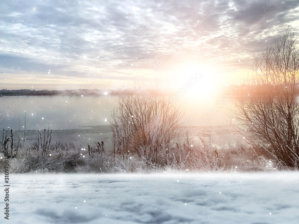 Winter background. Winter sun, ray, glare. Winter landscape with a river, snow, sunlight. Winter background. Winter sun, ray, glare. Winter landscape with a river, snow, sunlight.