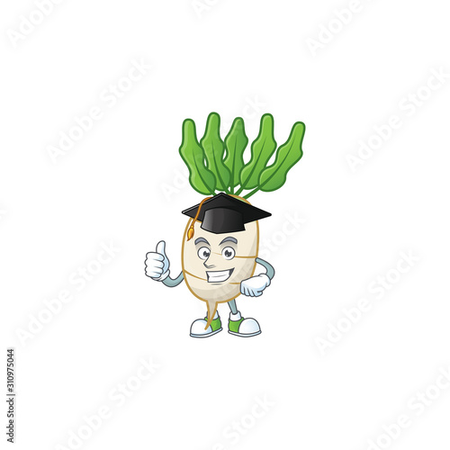 Happy daikon wearing a black Graduation hat