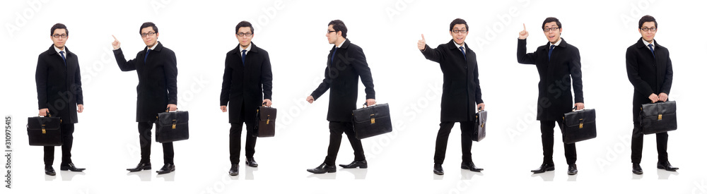 Young man holding suitcase isolated on white Young man holding suitcase isolated on white