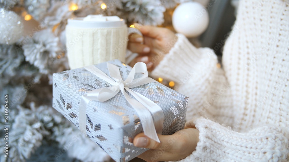 Christmas. Close-Up Of Female Hands Holds Xmas Present And Cup Of Hot Chocolate. Christmas. Close-Up Of Female Hands Holds Xmas Present And Cup Of Hot Chocolate.