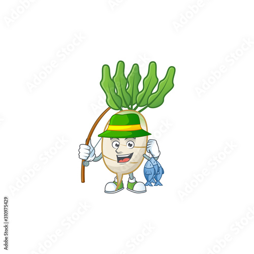 Cheerful face Fishing daikon mascot design style