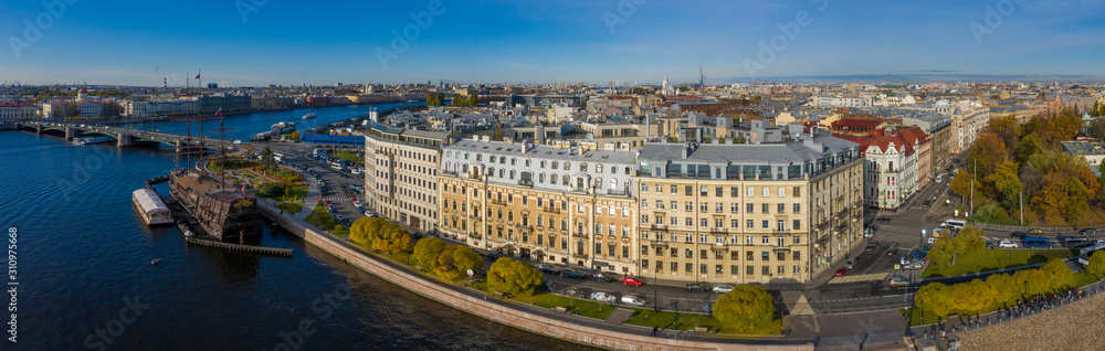 Arial drone panoramic view of St. Peterburg. Sankt Peterburg. Istoric center. Bridges Architecture of Rusia