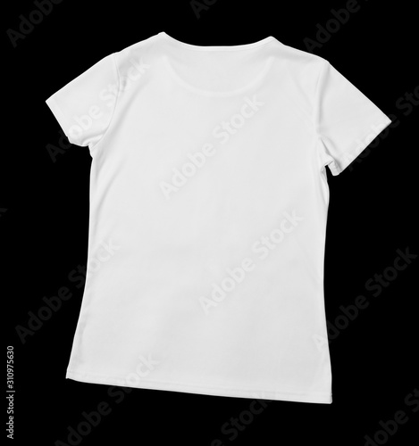 Back side of white t-shirt on black background. Mock-up. Cut background.