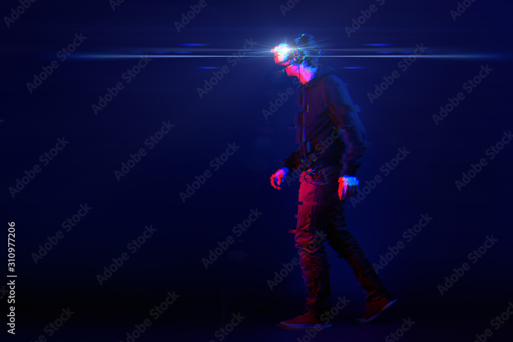 Man with virtual reality headset. Image with glitch effect Man with virtual reality headset. Image with glitch effect