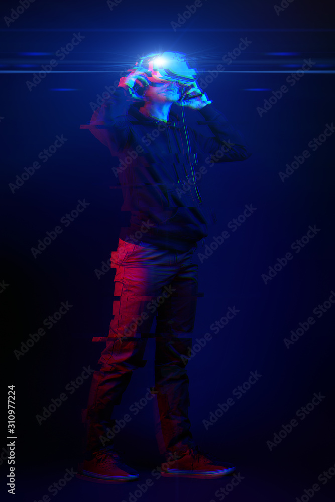 Man with virtual reality headset. Image with glitch effect