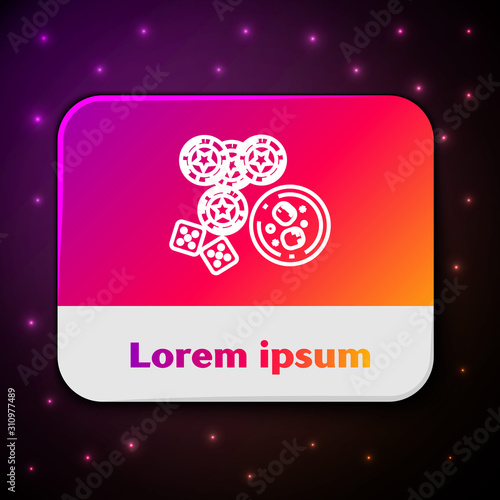 White line Casino chips, game dice and glass of whiskey with ice cubes icon isolated on black background. Casino poker. Rectangle color button. Vector Illustration